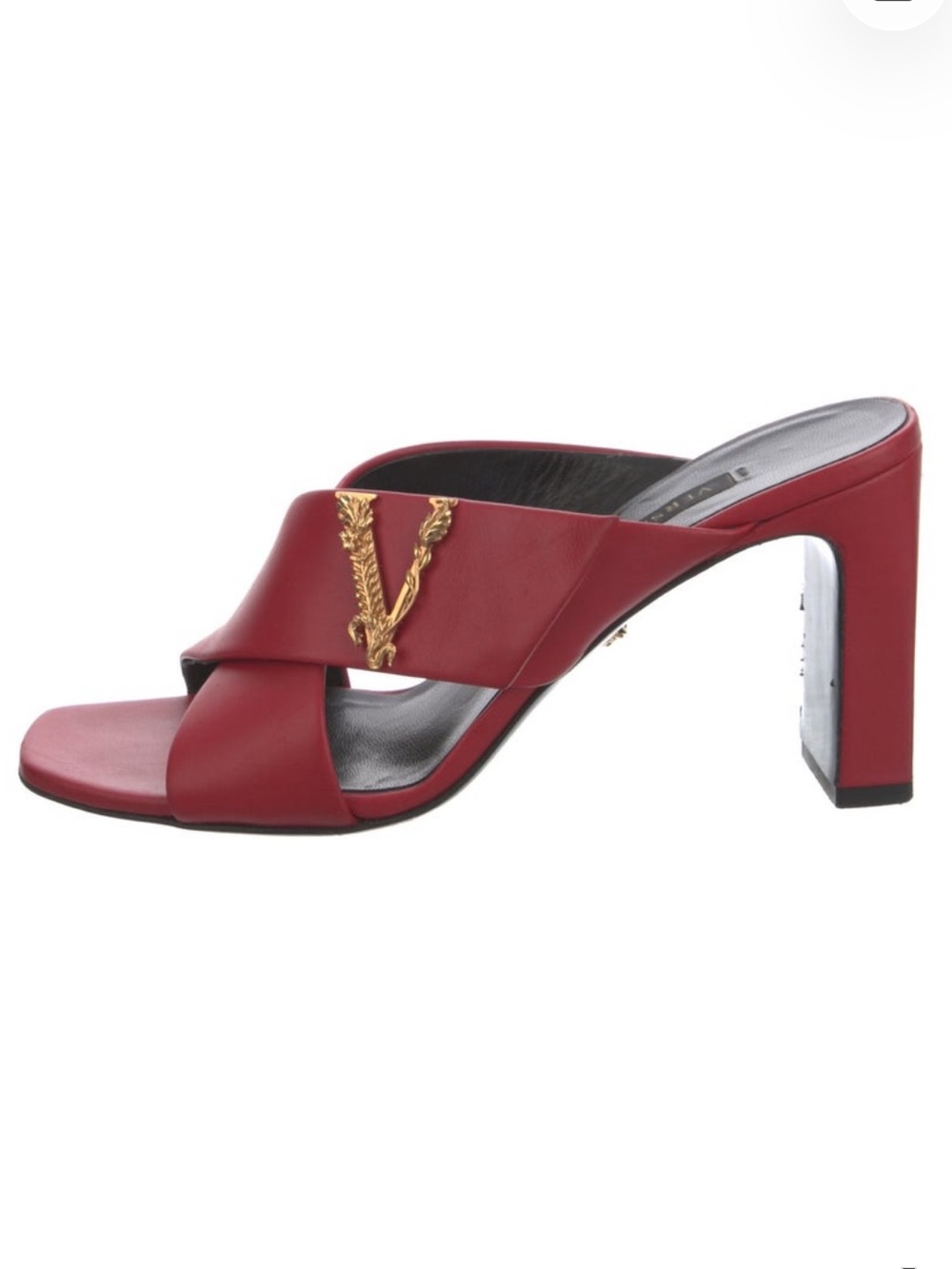 Versace Red Leather Cross-Strap Heeled Mule with Gold Medusa